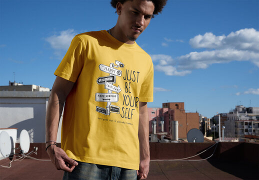 Mockup of a White T-Shirt on a Rooftop