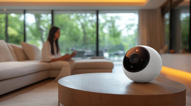 Smart security camera on table in luxury modern living room with large windows