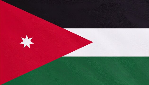 National flag of Jordan with black, white, and green horizontal stripes, red triangle on left containing white seven-pointed star, symbol of Arab unity and heritage.