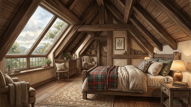 Wide interior view of a mansard bedroom with wooden beams, a sloped roof, a bed with textiles and a plaid, a nightstand, a rug,