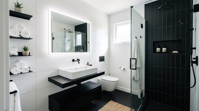 Compact minimalist bathroom interior with white and black tile surfaces, a sleek sink beneath a mirror, glass shower enclosure,