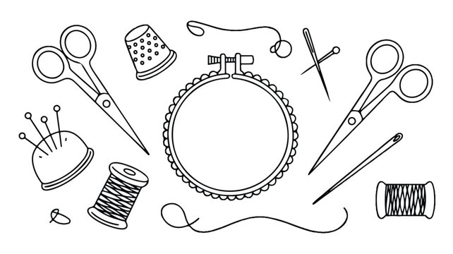 sewing tools and equipment for embroidery and needlework  various objects