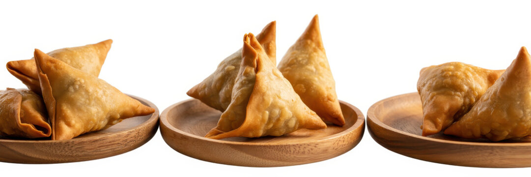 Crispy golden fried samosas placed on small wooden plates isolated on a plain white background