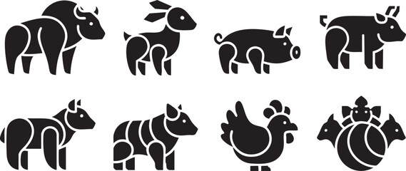 Obraz premium Farm Animals and Livestock Icon Set with Cow Pig Chicken and Bull Silhouette Symbols