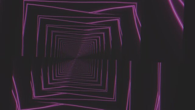 Tunnel vision animation of purple neon squares receding into the distance; techno club style motion graphic background for video footage