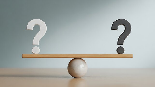 Question marks on balance scale, uncertainty concept, decision making, equilibrium symbol