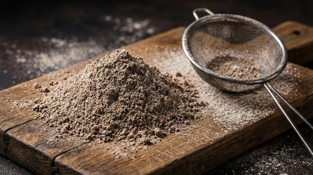 Dark rye flour mound with sifter on wooden board. Realistic textures, studio lighting, macro details, commercial food photography,