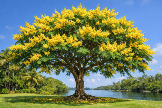 Yellow poinciana ( Peltophorum pterocarpum (DC.) K.Heyne ) blooming in the garden