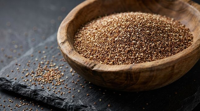 Teff grains in traditional vessel on slate. Realistic textures, studio lighting, macro details, commercial food photography, 8k