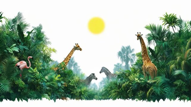 Tropical jungle scene with giraffes zebras and flamingo among lush greenery