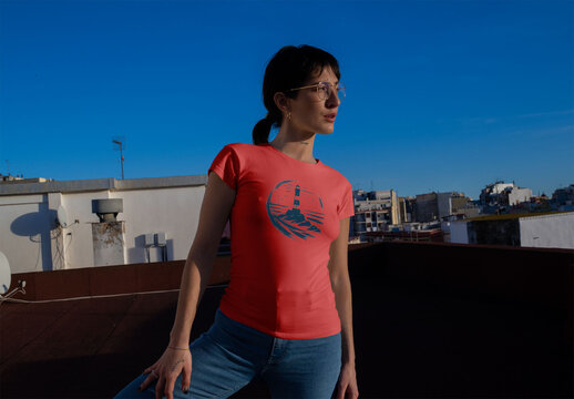 Mockup of a T-Shirt on a Rooftop Scene