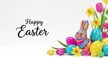 Fototapeta premium Happy Easter text with colorful rabbit, eggs, and spring flowers on white background for holiday greeting card.