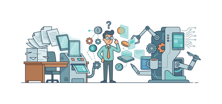 Man contemplates automation transition from paper to digital and robotic systems