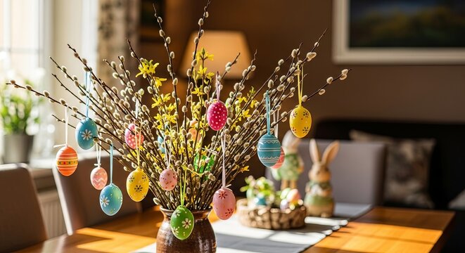 Easter decoration with colorful painted eggs hanging from pussy willow branches in vase. Spring holiday centerpiece including bunny figure on wooden dining table in cozy home setting