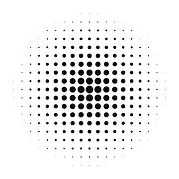 Radial halftone dot pattern creates a circular focal point with varying weights of black ink on white.