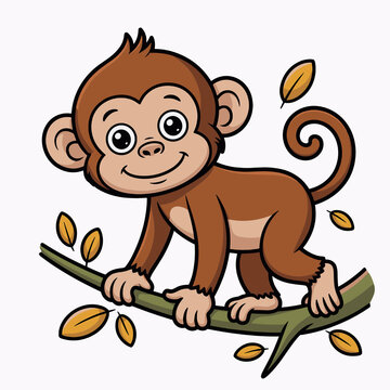 Cute Monkey Cartoon Sitting on Branch Vector