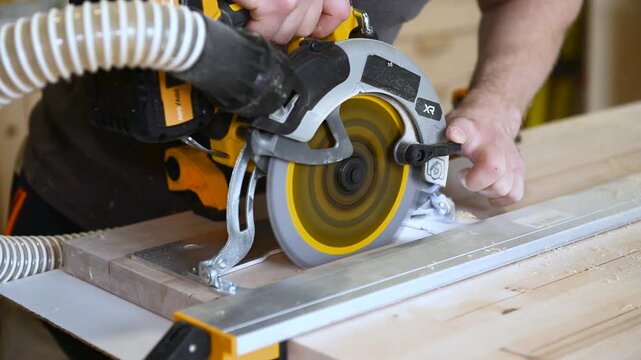 Close up view of Carpenter using electric circular saw to cut wood during construction or renovation work. Close up view of power tool in action in a workshop.