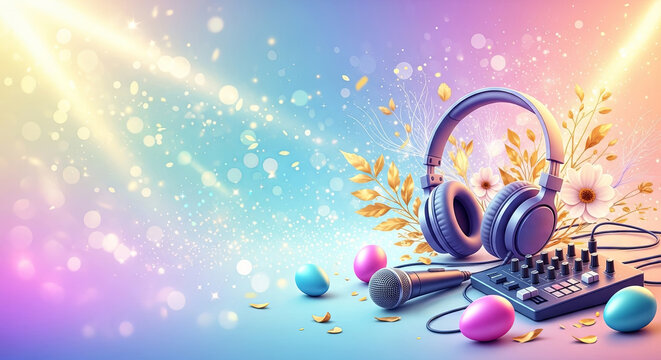 DJ headphones and microphone with easter eggs on shiny background. Music mixing console and golden leaves for spring celebration. Audio equipment and festive holiday concept