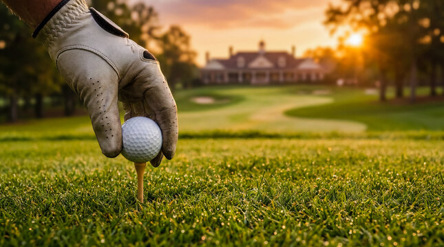 golf ball tee glove sunset clubhouse fairway course setup equipment elegant white glove setting a ball before the drive with glowing clubhouse backdrop ideal for luxury tournament and club promotion