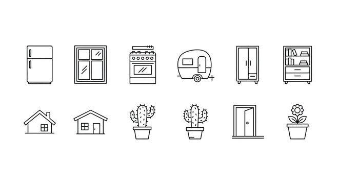 A collection of simple linear icons depicting household items furniture and domestic plants