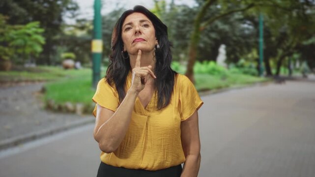 Woman with finger to chin for thinking wearing a yellow blouse on a park pathway with trees and lampposts; thoughtful reflection.