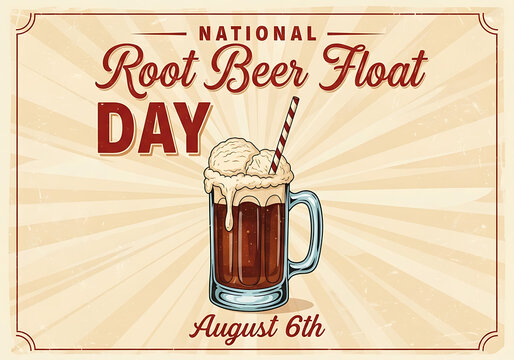 National Root Beer Float Day August 6th celebration with a glass of root beer and ice cream  vintage style poster