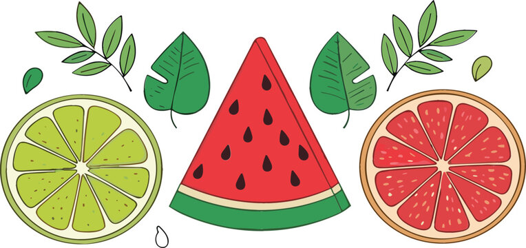 Tropical fruit collection with watermelon pineapple banana citrus slices and leaves fresh summer food vector illustration set