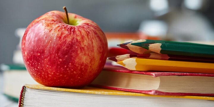 Stack of Books With a Red Apple on Top Placed Near Colored Pencils in a Classroom Setting