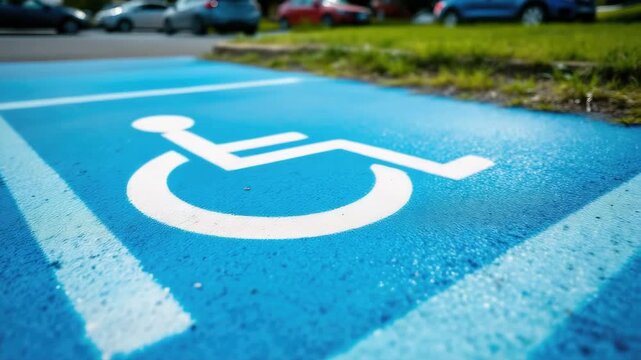 Close-up of blue handicapped parking space with white symbol in parking lot