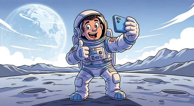 Ultra-realistic vector art of a cartoon astronaut taking a selfie on the Moon, visor reflecting the Earth and stars, fun and expressive pose.