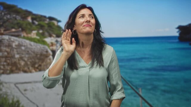 Woman cupping hand to ear listening on rocky beach with turquoise sea and cliffside; curiosity reflection solitude.
