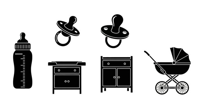 Baby items including bottles furniture and a stroller silhouette