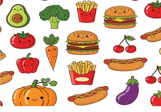 Cute food and vegetables seamless pattern with burger fries hotdog fruits and veggies cartoon vector illustration repeat background isolated on white