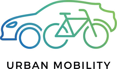 Fototapeta premium Minimalist logo design featuring a combined car and bicycle silhouette with a vibrant blue to green color gradient representing modern sustainable transportation and city travel solutions.