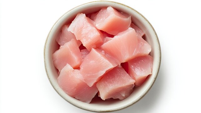 Fresh Pink Cubed Pork in White Ceramic Bowl