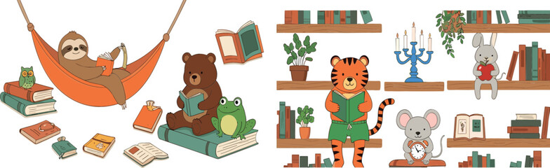 Fototapeta premium Set of Cute Vector Animals Including Sloth, Bear, Rabbit, Mouse, and Tiger Reading Books in a Cozy Reading Space with Shelves and Plants