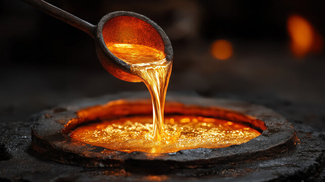 Molten gold pouring into mold, metal casting and refining process