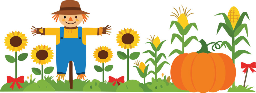 Set of Fall Vector Illustrations Featuring a Scarecrow, Sunflowers, Corn, and a Pumpkin in a Harvest Scene