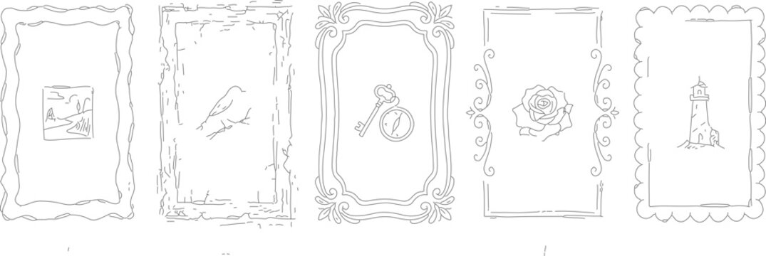 Hand Drawn Minimalist Vintage Frame Collection, Elegant Decorative Borders with Rose Key Bird and Lighthouse Icons, Aesthetic Sketchy Line Art Set.