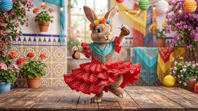 Adorable rabbit dancing flamenco in vibrant red frilly dress with castanets. Cute bunny performing Spanish cultural dance. Festive entertainment and holiday celebration concept