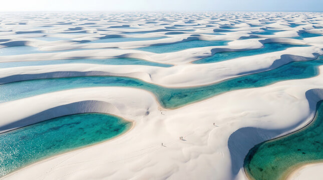 Len&ccedil;&oacute;is Maranhenses National Park, Brazil, A breathtaking aerial view of vast white sand dunes landscape with turquoise water pools under a blue sky.