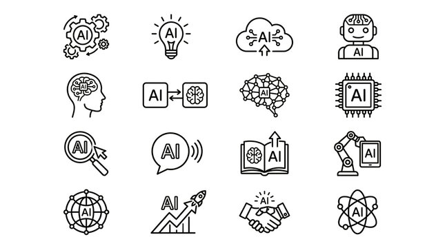 AI technology, robot automation and neural network linear icon pack. Black outline PNG