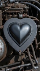 Fototapeta premium This image features a heart-shaped metal piece, possibly a valve cover or decorative part of an engine, showing wear and possibly age.
