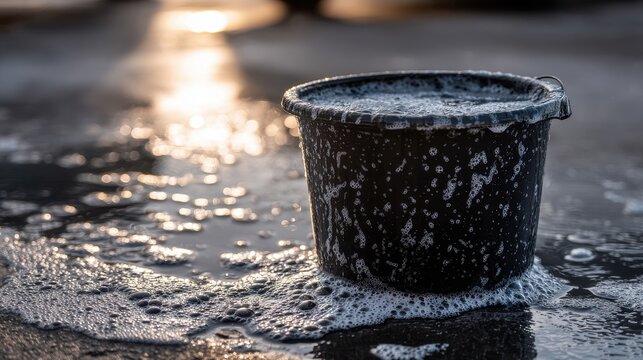 Stunning photo of black soapy water foam plastic bucket sponge soap suds car wash sunlight reflection outdoor cleaning service wet garden house driveway pavement shiny surface.