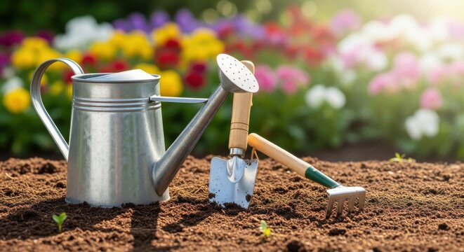 Watering can with trowel and hand rake on garden soil with blurred colorful flower bed for spring planting and hobby horticulture