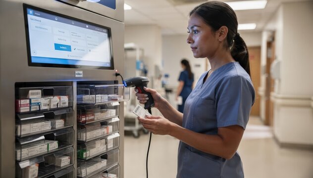 Medium shot showing a nurse scanning a barcode before accessing residentdose medications in a computerized dispensing unit with blurred background activity