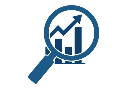 Lupa analizando un gr&aacute;fico de barras con flecha de crecimiento ascendente en color azul