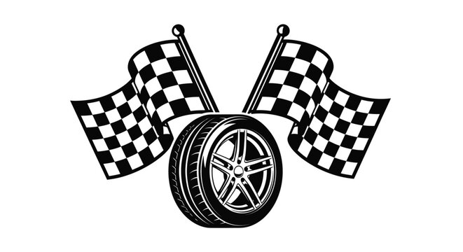 A black and white illustration depicting racing flags waving above a single racing tire