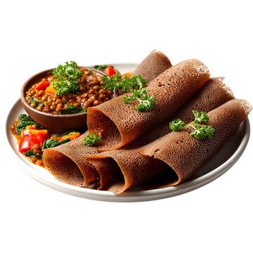 Authentic Ethiopian injera flatbread served with traditional misir wot lentil stew and gomen, creating a delicious and healthy savory meal on a white plate.