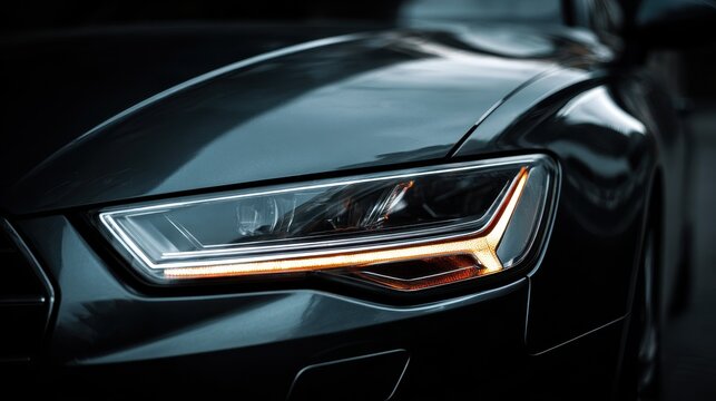 Stunning photo of closeup view of car front headlight showcasing modern design and highend automotive craftsmanship against a dark background.